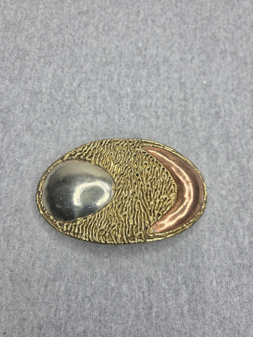 Vintage Lucamo Made in Mexico Brass Belt Buckle Modernist Brutalist Oval